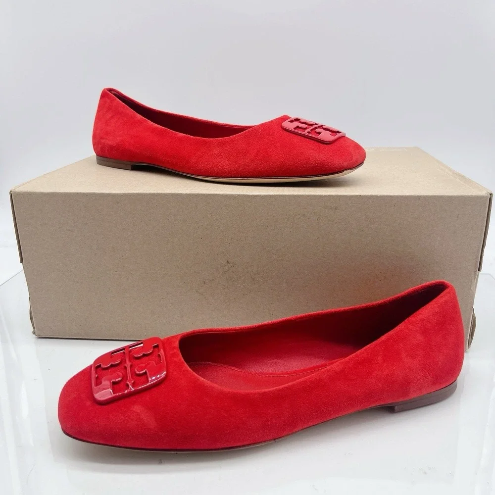 Tory Burch Georgia Women's Ballet Flats LOGO Slip On Red Suede Size US 8